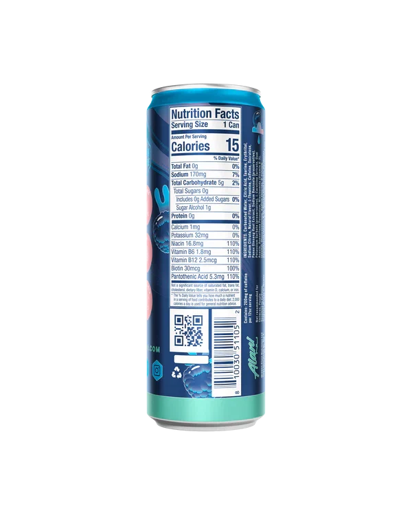 Alani Nu Breezeberry Energy Drink back label — nutrition facts, 10 calories, B-vitamins