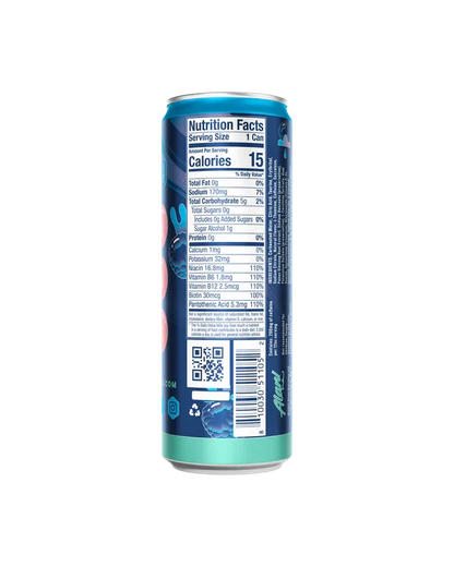 Alani Nu Breezeberry Energy Drink back label — nutrition facts, 10 calories, B-vitamins