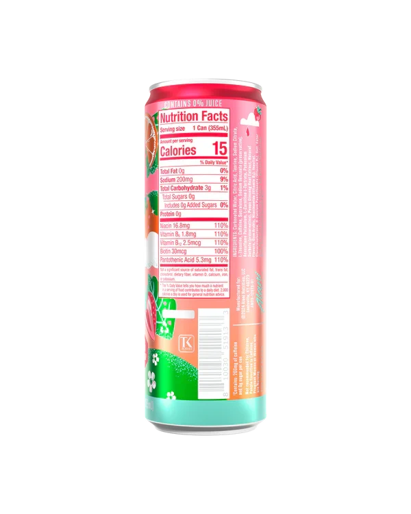 Alani Nu Strawberry Sunrise Energy Drink back label — nutrition facts, 10 calories