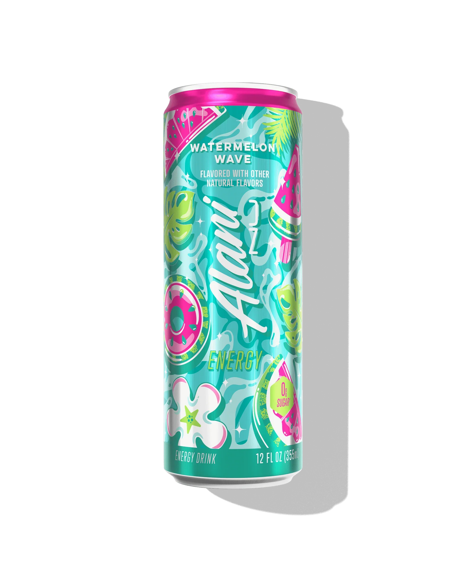 Alani Nu Watermelon Wave by Megan Moroney Energy Drink 12 fl oz can front — watermelon, 200mg caffeine, 0g sugar