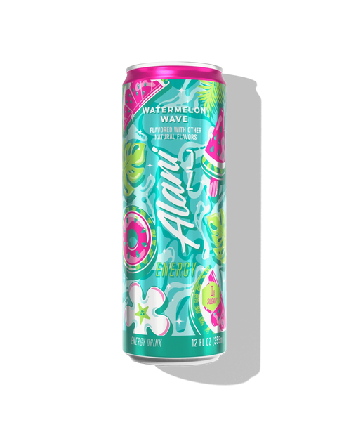 Alani Nu Watermelon Wave by Megan Moroney Energy Drink 12 fl oz can front — watermelon, 200mg caffeine, 0g sugar