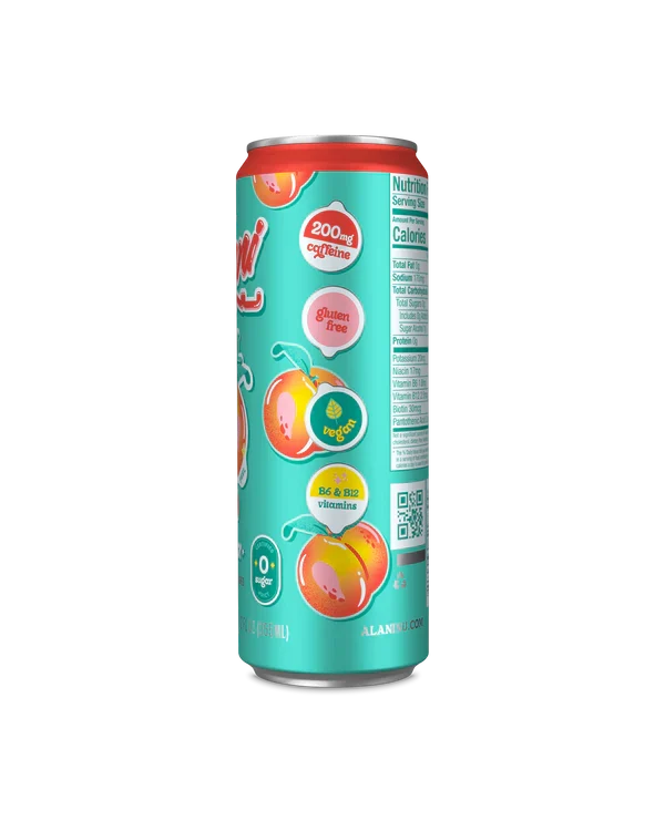 Alani Nu Juicy Peach Energy Drink 12 fl oz can side view