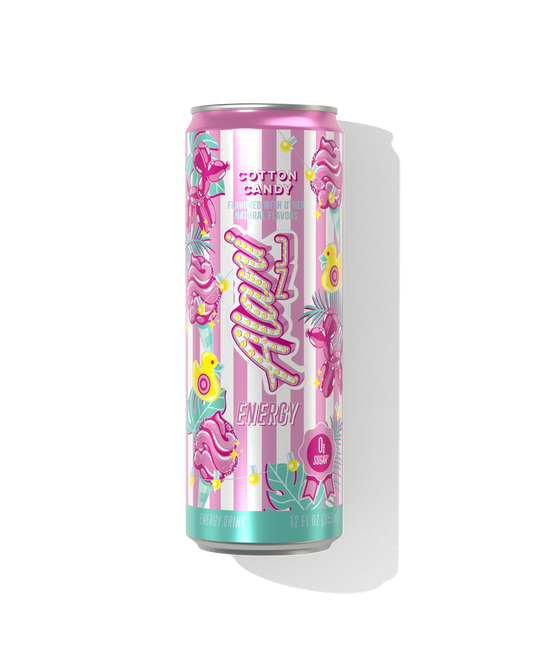 Alani Nu Cotton Candy Energy Drink 12 fl oz can front — pink label, 200mg caffeine, 0g sugar
